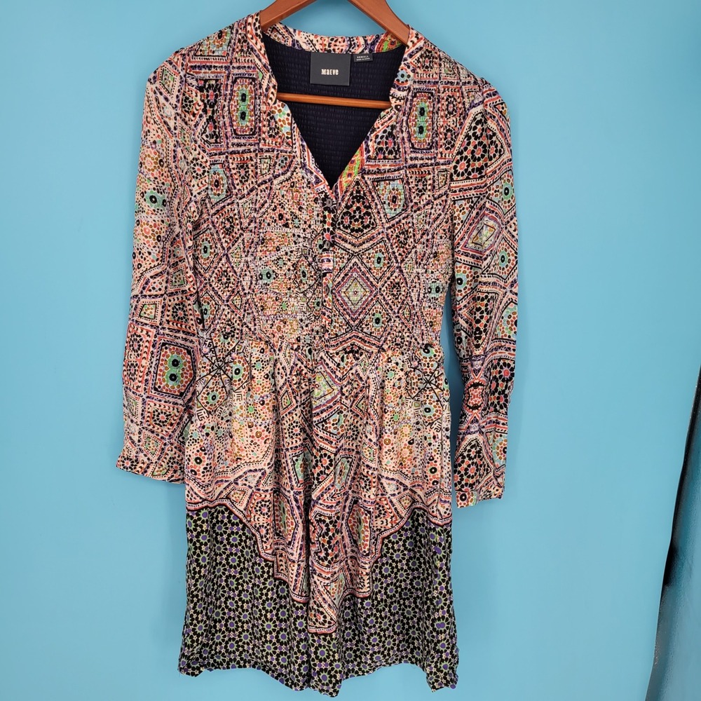 Maeve Anthropologie Tiled Amethyst Dress Womens Mini Smocked V-Neck Boho XS